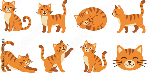 Cute ginger tabby cat characters with sitting standing sleeping walking stretching poses in orange warm tones for pet animal sticker design