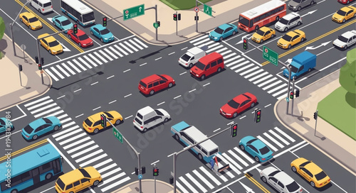 Animated City Intersection with Cars and Pedestrian Crossings.