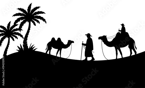 Desert Caravan Silhouette with Bedouin and Camels under Palm Trees, Camel rider silhouette design.