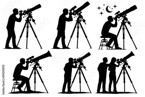 Collection of People Looking Through Telescopes at the Night Sky - Silhouette Vector Illustration Set of Male and Female Astronomers Stargazing, Space Observation, and Science Education