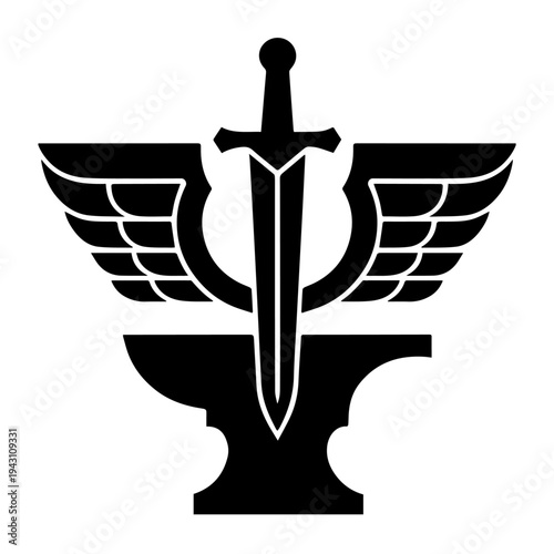 Medieval Blacksmith Emblem Featuring Winged Sword and Anvil Silhouette, Winged sword logo design