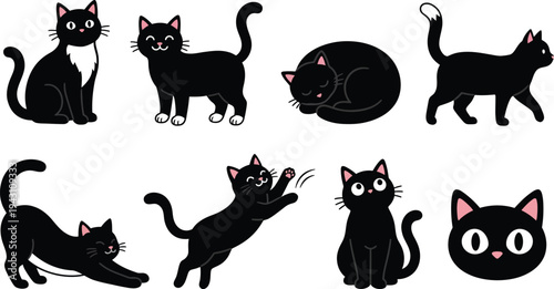 Tuxedo black cat characters with white chest white paws white belly big white eyes in black white for bold flat pet design