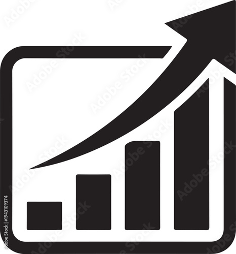  Business growth chart icon, upward arrow graph, black silhouette vector illustration, finance analytics concept, modern minimal design