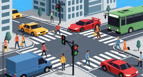 Busy City Intersection with Cars, Buses, and Pedestrians.