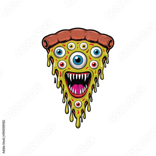 Monster Pizza Slice Cartoon Character With Dripping Cheese.