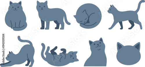 Stylized blue-grey cat characters with round sitting graceful walking paws up playing cat silhouette in blue grey for minimalist pet design