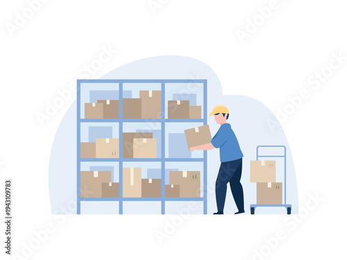 Warehouse worker organizing boxes on shelves in a modern storage facility
