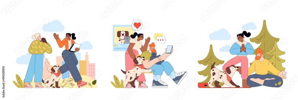 Fototapeta premium Dogs and People in Relaxing Outdoor Activities Illustration