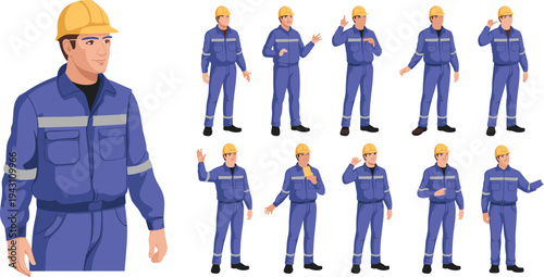 Industrial worker character set wearing safety helmet and blue uniform showing different gestures for construction, factory, engineering and manufacturing industry
