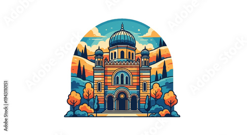 Colorful architectural illustration of a building with a dome against a landscape