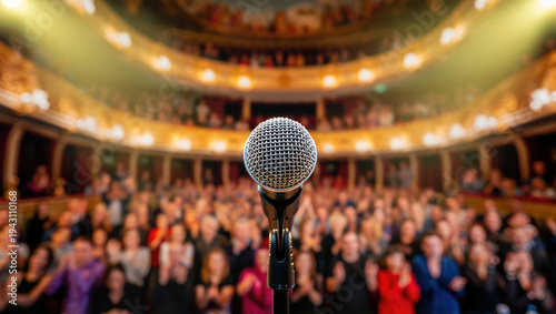Microphone on stage with audience in theater setting for live performance and event promotion, concert advertising, tickets sale