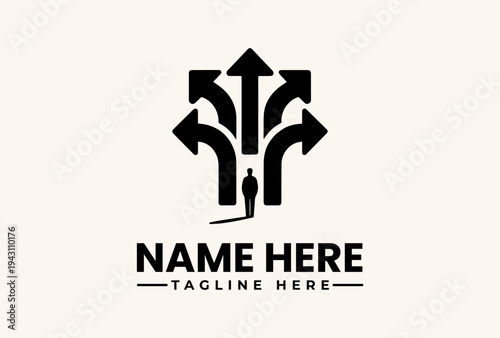 A logo design featuring a silhouette of a person standing at the intersection of multiple arrows on a beige background with placeholder text for a name and tagline.