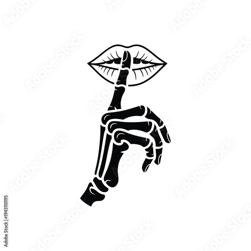 Skeleton Hand Shushing Gesture With Finger On Lips.