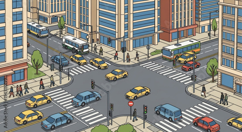 City Intersection Scene with Cars and Pedestrians.