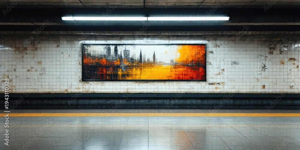 Fototapeta premium Subway station interior features artwork. Tiles cover walls, platform extends into darkness. Lighting illuminates painting, creating contrast.