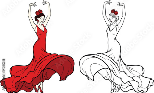 Beautiful Flamenco Dancer Vector Set in Red and White Dresses with Traditional Rose Headpiece for Spanish Culture, Dance Academy, and Elegant Event Promotion