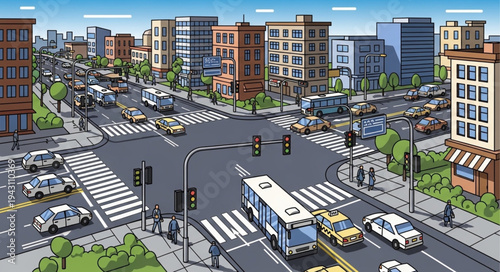 Bustling City Intersection with Cars, Buses, and Pedestrians.