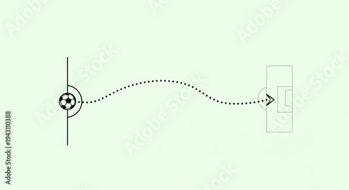 Simple diagram soccer ball curved dotted trajectory path heading into goal post vector illustration