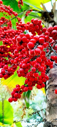 Vibrant Red Fruits of the Ruffled Fan Palm