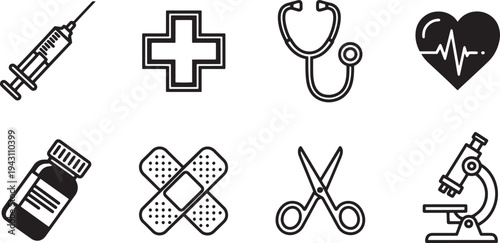 A set of medical icons including a syringe, stethoscope, and heart with an ECG line in vector line art silhouette