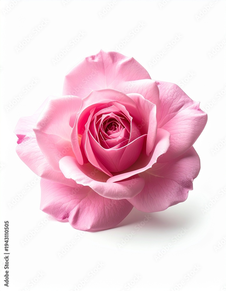 Fototapeta premium Rosa rosa en plena floración aislada sobre fondo blanco neutro con iluminación de estudio. Imagen delicada y elegante que simboliza amor, ternura y belleza natural.