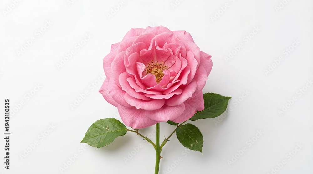 Fototapeta premium Rosa rosa en plena floración aislada sobre fondo blanco neutro con iluminación de estudio. Imagen delicada y elegante que simboliza amor, ternura y belleza natural.