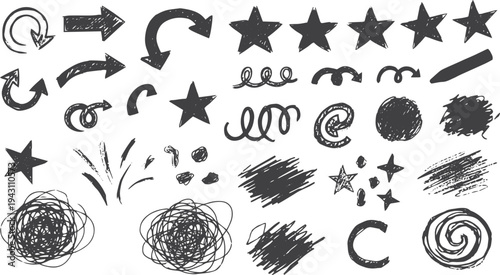 Hand drawn crayon scribble element set with sketch arrows, scribbled stars, random curves, messy swatches. Chaotic grunge marks, sketched confetti, children chalk drawing. Vector illustration-