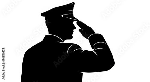 Military Officer Saluting Silhouette Profile.