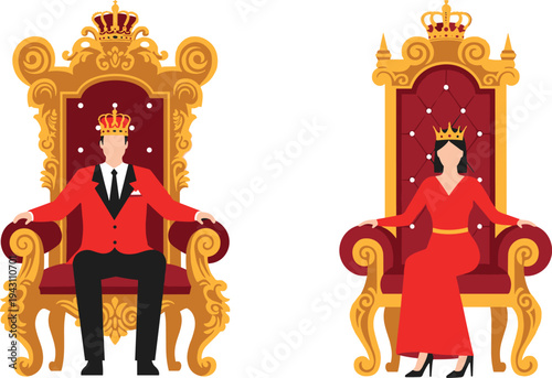 Flat Vector Illustration of a King and Queen Sitting on Golden Thrones Wearing Red Formal Attire for Success Concepts, Leadership, and Royal Family Business Branding