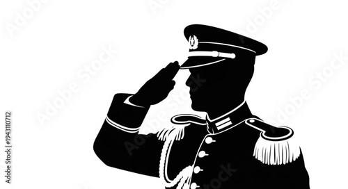 Military Officer Saluting Silhouette Profile.