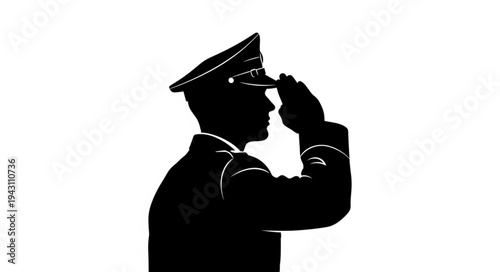Military Officer Saluting Silhouette Profile.