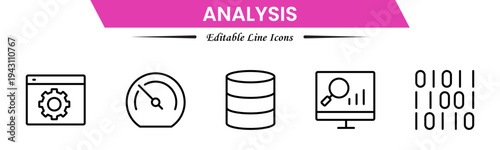 Analysis icons depicting data evaluation, charts, graphs, statistics, insights, trends, reports, metrics, research, assessment, monitoring, performance, strategy, decision-making, and review.
