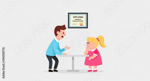 Man showing diploma to young girl at table proud achievement moment vector illustration