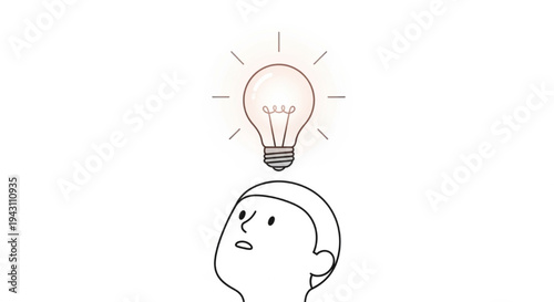 Simple person face with bright lightbulb above head idea moment vector illustration