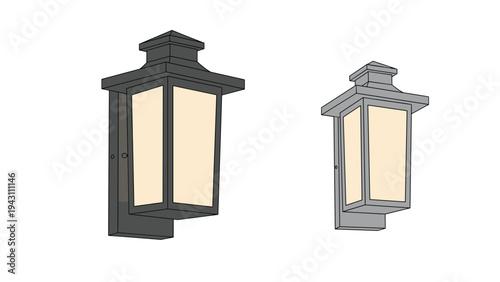 Two different sized black metal outdoor wall lanterns with glowing glass panels are presented in a 3D perspective view.