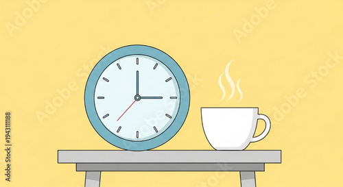 Large clock and white coffee cup on table yellow background vector illustration