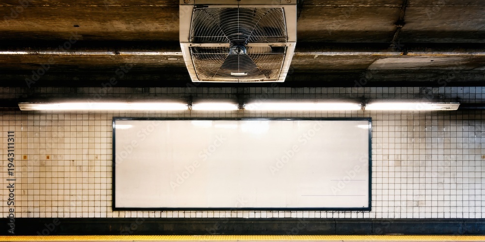 Fototapeta premium Subway station interior. Fan, lights, blank sign above platform. Tiled walls, dark ceiling, yellow safety strip visible.