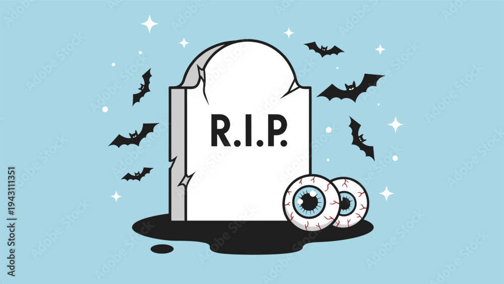 Obraz premium Spooky Halloween illustration featuring a weathered tombstone with rip text surrounded by flying bats and large eyeballs on blue.