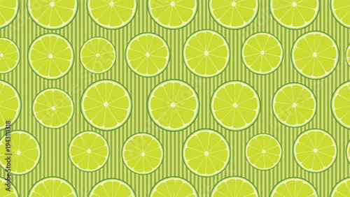 Fresh green lime slices pattern featuring citrus fruit sections arranged on a vertically striped green background in a seamless design.