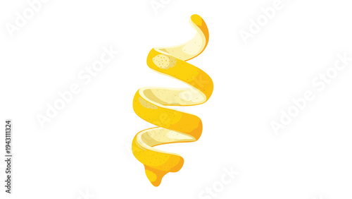 Twisted lemon peel spiral illustration showing a single strip of citrus zest with textured yellow skin isolated on a white background.
