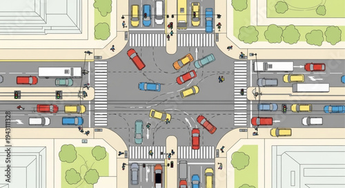 Aerial View of a Busy City Intersection with Cars and Pedestrians.