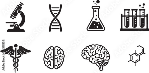 A set of vector line art silhouettes depicting medical and science symbols in a bundle of illustrations