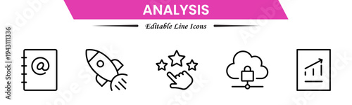 Analysis icons depicting data evaluation, charts, graphs, statistics, insights, trends, reports, metrics, research, assessment, monitoring, performance, strategy, decision-making, and review.
