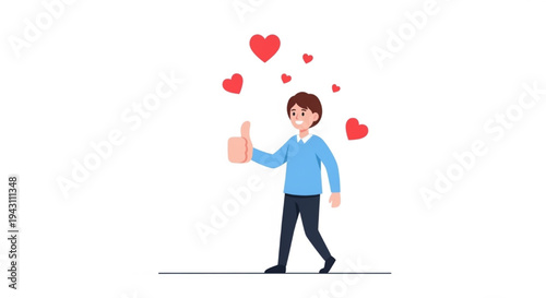 Man giving thumbs up surrounded by floating red hearts vector illustration