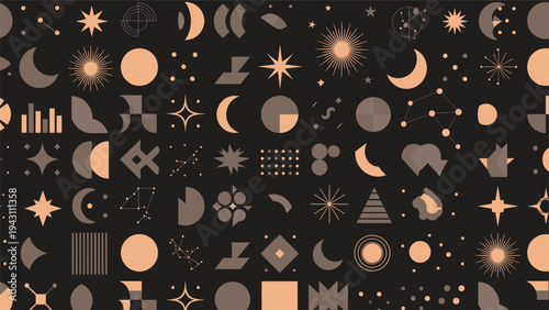 Celestial pattern of suns moons stars and geometric shapes in muted tones set against a dark background for a mystical and occult vibe.