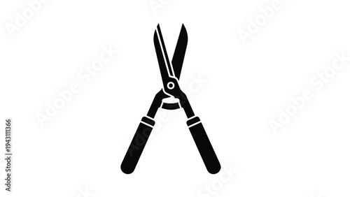 Black silhouette of garden pruning shears used for trimming branches and landscaping work shown in an open position on white background.