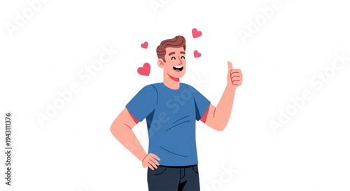 Happy man giving thumbs up surrounded by red hearts vector illustration