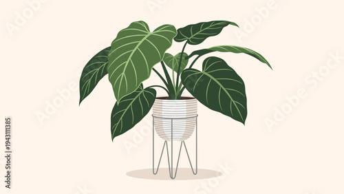 Lush green potted plant illustration featuring large tropical leaves in a modern woven basket resting on a minimalist metal stand.