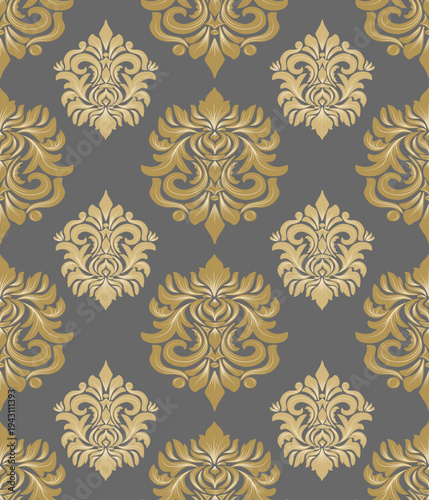 Damask seamless pattern with golden flowers and dark grey background, vintage and luxury, vector illustration elegant for textile, wall paper, rug, curtains,  cushion cover, upholstery fabric, bedding