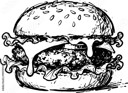 Hand drawn cheeseburger illustration with sesame bun, lettuce, and melted cheese dripping on patty